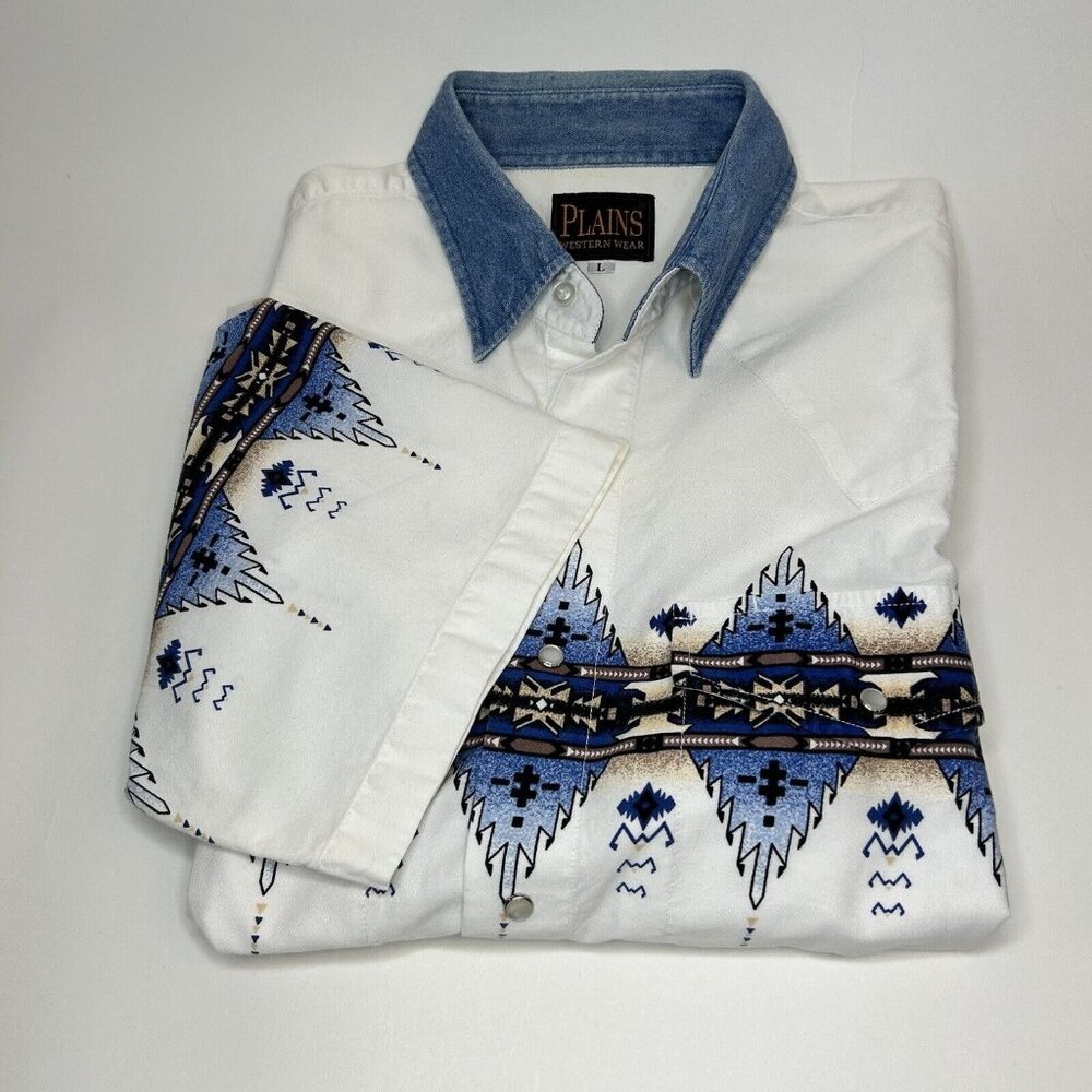 Plains Western Wear Men's Large White Cotton Short Sleeve Shirt Native American